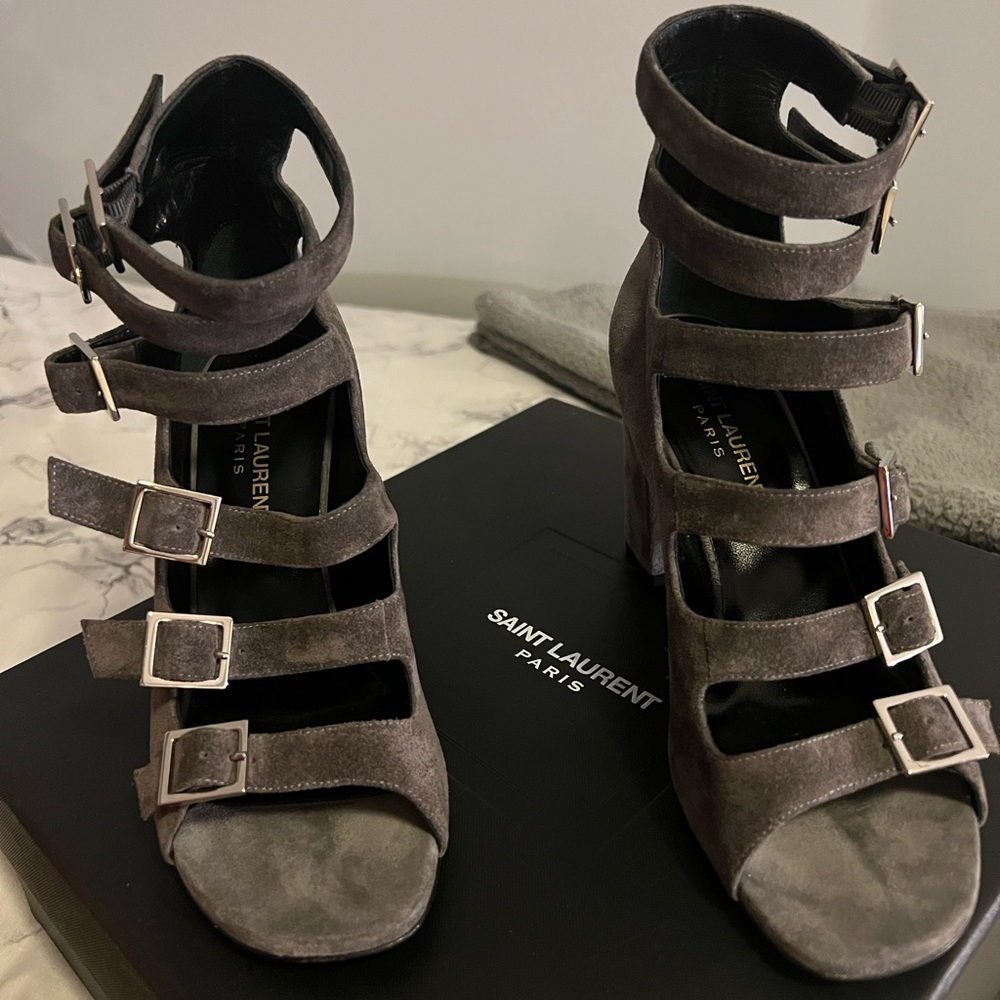 NWT Saint Laurent / YSL block heels gray suede size 35.5 / 5.5